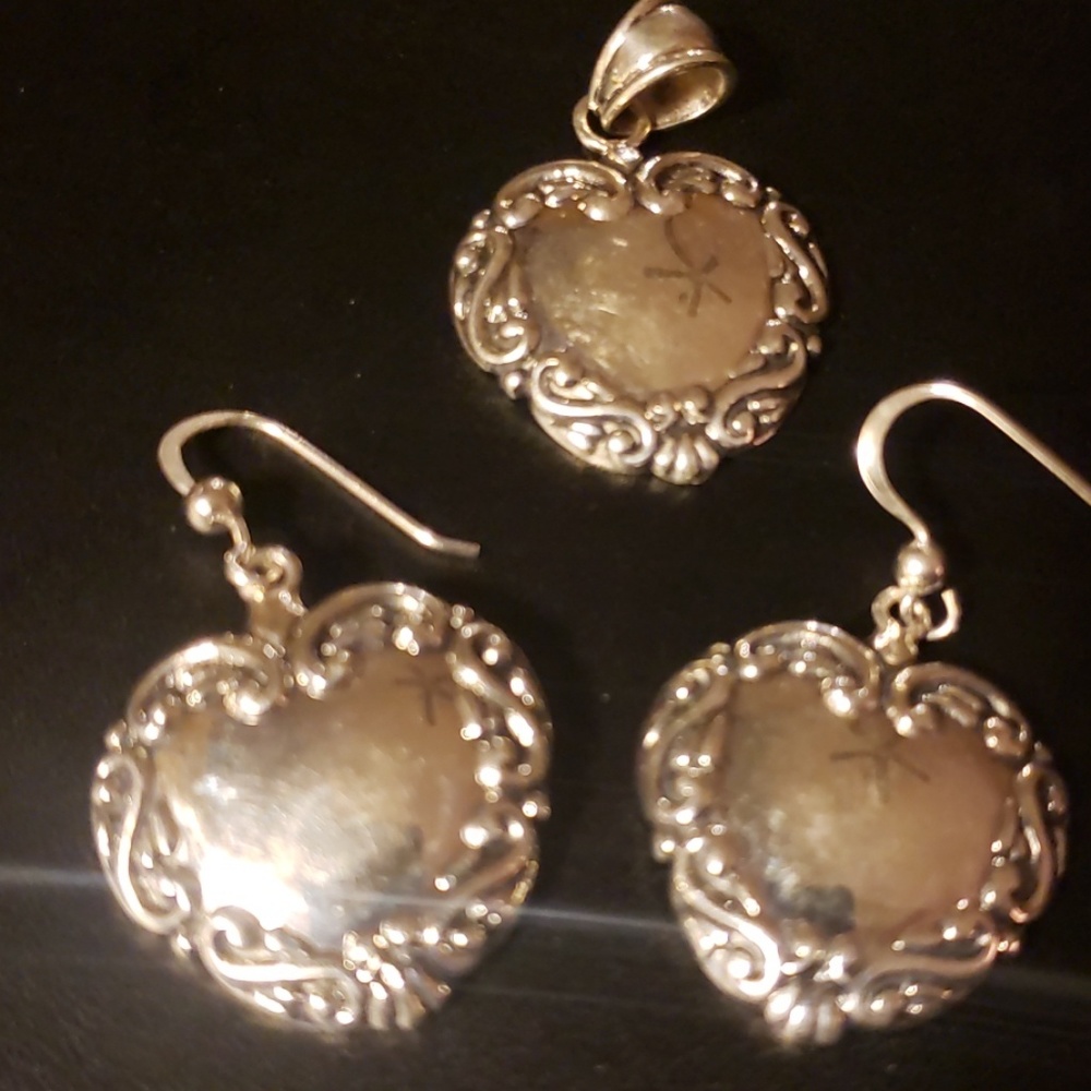 Vintage Luggage Tag Heart Earrings and Pendant